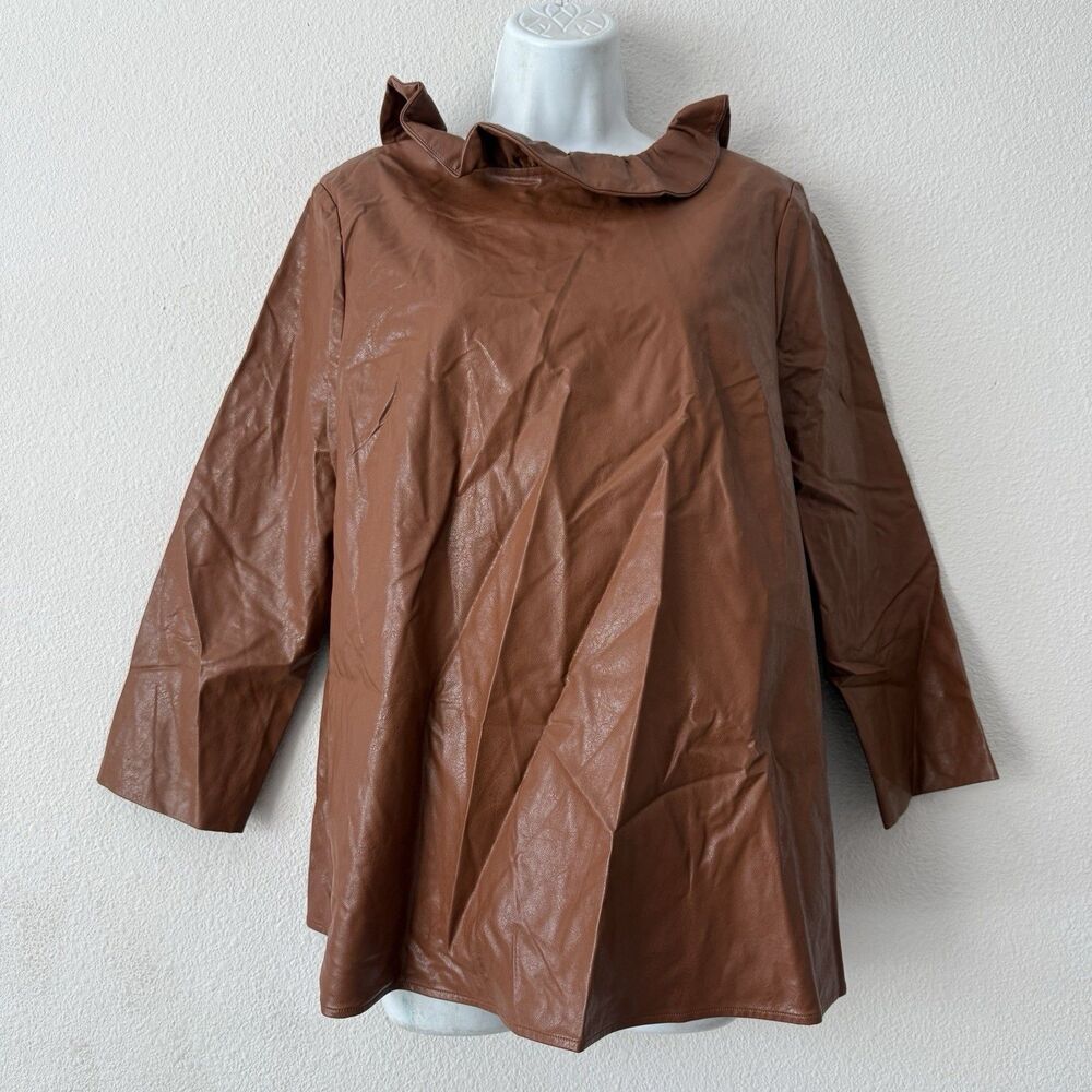 Tuckernuck Faye Faux Leather Top Women Large Brown Ruffle Tie Back Blouse Chic